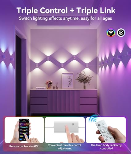8 Lamp RGBCW Indoor Wall Lights, Up Down Lighting Bedroom Wall Sconces, Music Sync, DIY Styling White Color Changing Wall ...