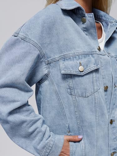 AUTOMET Women's Oversized Jeans Jacket, Classic Button Down Denim Jacket with Chest Pockets, Loose Fit Boyfriend Style Coat