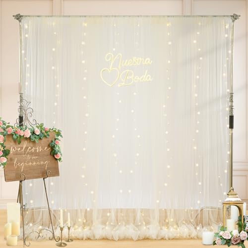 Beige Tulle Backdrop with Lights String 2 Panels 5×10ft Wedding Curtains Drapes for Party Bridal Shower Photo Booth Decor
