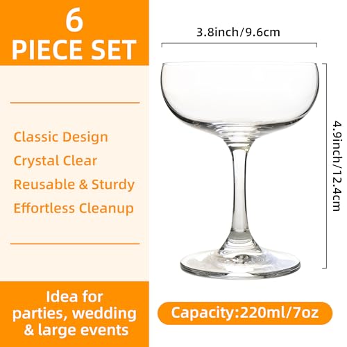 QOWOEO Small Champagne Coupe Glasses - Set of 6, 7 Oz - Clear Cut Rim Cocktail Glass with Short Stable Base, Ideal for Par...