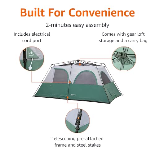 Amazon Basics Instant Camping Tent with Rainfly, Weather-Resistant, Quick Setup