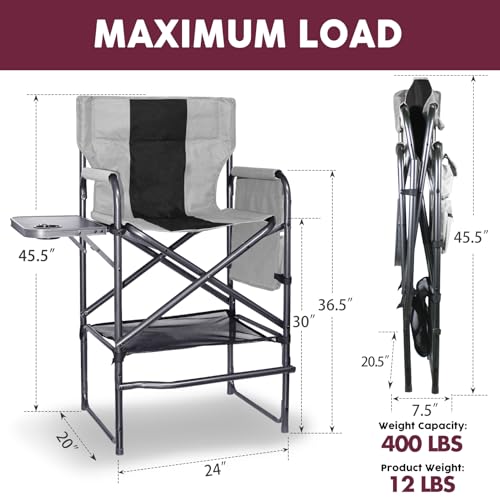 Foristrail 30" Tall Directors Chair with Side Table, 400LBS Bar Height Folding Camping Chair (Light Gray/Black)