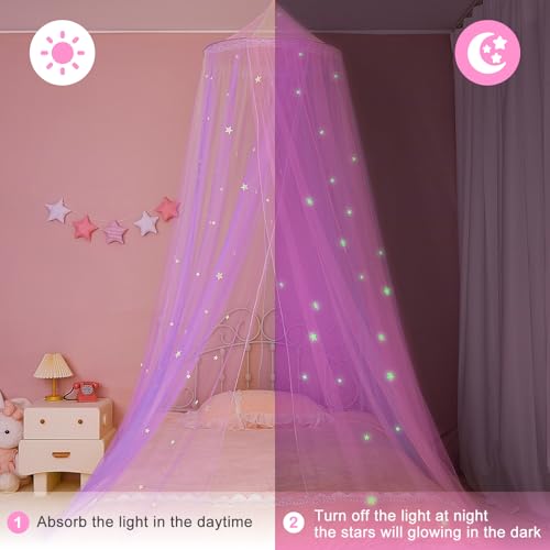 FIOBEE Bed Canopy for Girls Room Bed Canopy Curtains with Led Lights Mosquito Net DIY Princess Room Décor with Stars Butte...