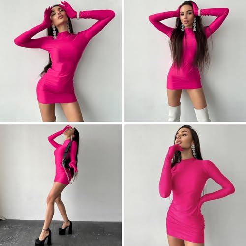 Caviotess Women's Sexy Turtleneck Mini Dress with Gloves Long Sleeve Bodycon Dress Party Festival Outfit Clubwear