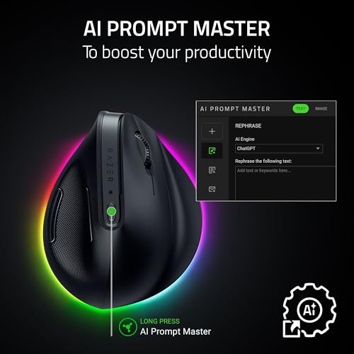 Razer Pro Click V2 Vertical Wireless Mouse: 6 Button Ergonomic Design - One Click AI Prompt - Supports Windows & Mac - Mul...