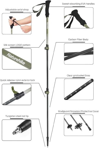 Naturehike 1 Piece 3K Carbon Fiber Trekking Pole-Collapsible and Telescopic 3 Section Ultralight Hiking Pole for Women Men...