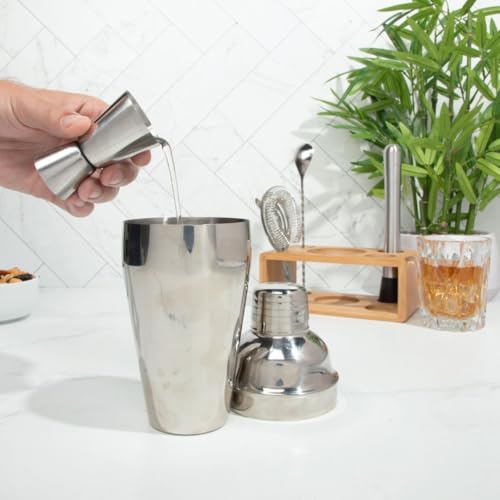 Premium Cocktail Shaker Set with Bamboo Stand, 4-Piece Bar Tools Kit, Stainless Steel Bartender Set with Shaker, Jigger, M...