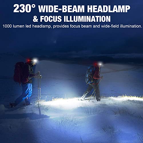 Spriak LED Headlamp, 1000lumens 230° Widebeam Headlight, USB Rechargeable HeadLamp with Red Taillight, Lightweight Waterpr...