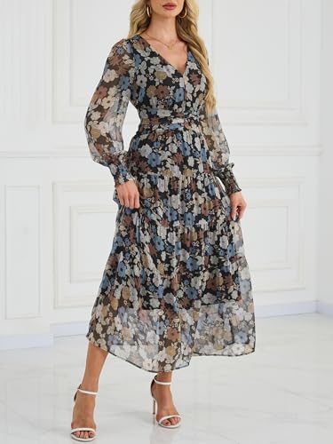 ANRABESS Womens Floral Long Sleeve Maxi Dress V Neck Chiffon Flowy Boho A-Line 2026 Spring Wedding Guest Party Wrap Dresses