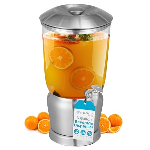 BIRDROCK HOME 3 Gallon Stainless Steel Beverage Dispenser with Ice Container, Spigot - Round - Lemonade Sangria Tea Water ...