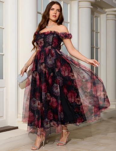 Women's Plus Size Formal Party Cocktail Dress, Wedding Guest Evening Gown with Slit - Off Shoulder Floral Tulle Maxi Dress
