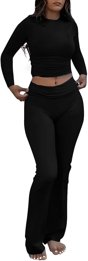 AYWA Women's 2 Piece Outfits Foldover Flare Pants Long Sleeve Crew Neck T-shirt Fitted Pajama Sets