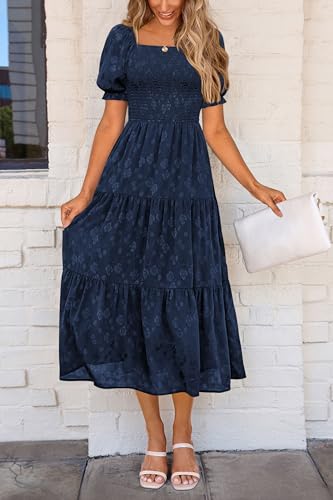 PRETTYGARDEN Women's 2026 Summer Casual Midi Dresses Square Neck Short Sleeve Smocked A Line Floral Flowy Elegant Boho Dress