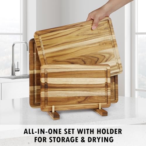 Zovano 3-PieceTeak Wood Cutting Board Set with Stand for Kitchen, Chopping Boards with Deep Juice Groove, Charcuteire Butc...
