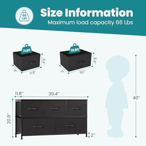OLIXIS Dresser for Bedroom with 5 Drawers, Wide Chest of Drawers, Fabric Bedroom Dresser with Drawer Organizer, Storage Organizer Unit with Fabric Bins for Closet, Living Room, Hallway, Classic Black