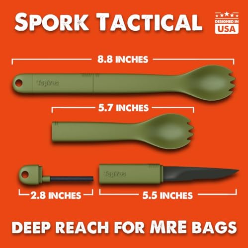Tapirus Spork Tactical Green | BPA Free Spoon Fork, Stainless Steel Knife and Fire Starter | 3 in 1 multipurpose utensil |...