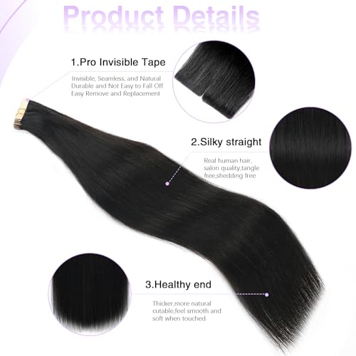 Invisible Tape In Hair Extensions Human Hair Natural Black 16 inch 20pcs 50g/Pack Seamless Invisible Straight Tape ins Human Hair Extensions for Women