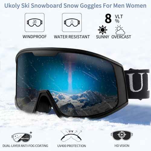 Ukoly Ski/Snowboard Goggles for Men Women, Snow Goggles HD Lens Anti-Fog Coating OTG Design UV400 Protection Windproof