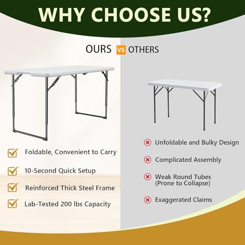 Folding Table, 4FT Foldable Picnic Table with Adjustable Height, Heavy Duty Fold-in-Half Portable Table for Weddings, Camp...