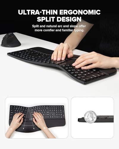 DELUX Full Size Wireless Ergonomic Keyboard,Cushioned Palm Rest, Ultra-Thin Split Ergo Keyboard, Bluetooth & 2.4G Connecti...
