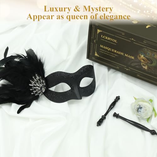 LCKRVOL Masquerade Mask for Women with Stick, Shiny Women's Feather Mardi Gras Venetian Mask for Prom Ball Costume Party