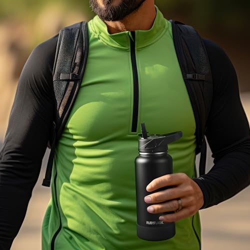 RUBYFLASK 32oz Insulated Water Bottle with Straw, Stainless Steel Metal Vacuum Water Flask, Large Thermal Water bottle wit...