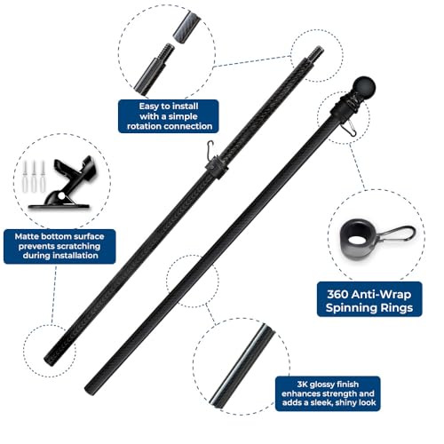 FFN 5’ Foot Premium Tangle-Free Carbon-Fiber Flag Pole for House Porch Patio, 2 Sections Black Flag Poles with Mount, Brac...