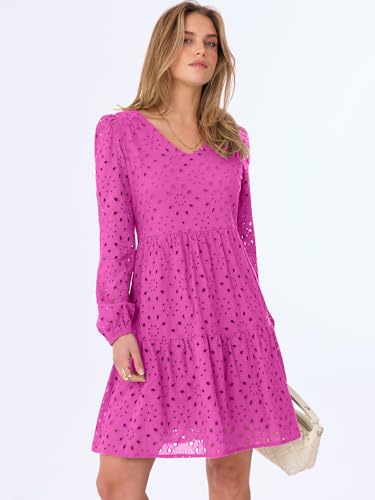ANRABESS Long Sleeve V Neck Dresses for Women Eyelet Hollow Out Business Casual Tiered 2026 Fall Mini Dress with Pockets