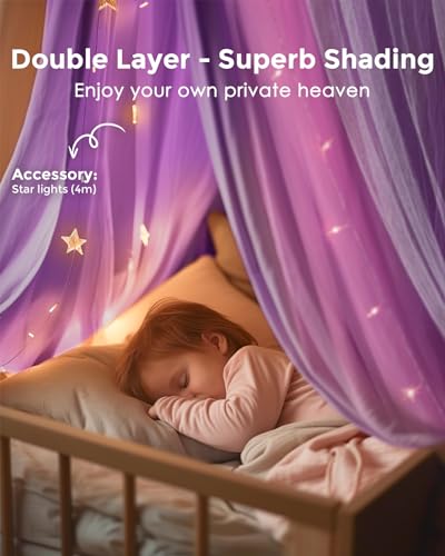 Bed Canopy with Star Lights, Double Layer Canopy for Bed, Princess Play Tent for Girls Room, Breathable Canopy Bed Curtain...