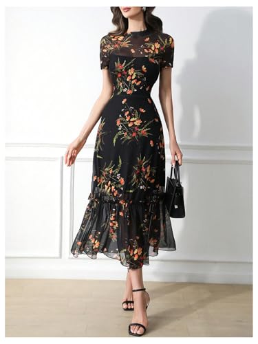 Verdusa Women's Floral Ruffle Mesh Slimming Dress Vintage Elegant Wedding Guest Dress