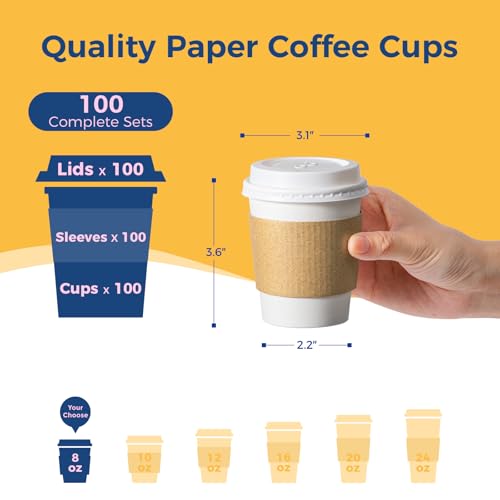 Fit Meal Prep 100 Pack 8 oz Disposable Coffee Cups with Lids, Sleeves, Leak-Proof To Go Coffee Cups with Lids, Durable Hot...