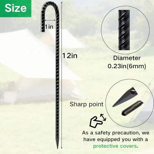 RANLUMO Rebar Stakes 12 Inch, 16-Pack Premium Black Coated J Hook,Superior Rust Resistance Heavy Duty Ground Stakes for Ch...