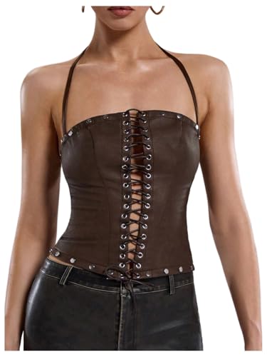 WDIRARA Women's PU Leather Lace Up Halter Top Vintage Western Sleeveless Backless Camisole Tops