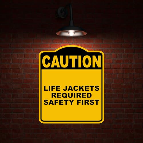 LIFE JACKETS REQUIRED SAFETY FIRST Caution Yellow Black Aluminum Composite Sign 20 x 24 inches