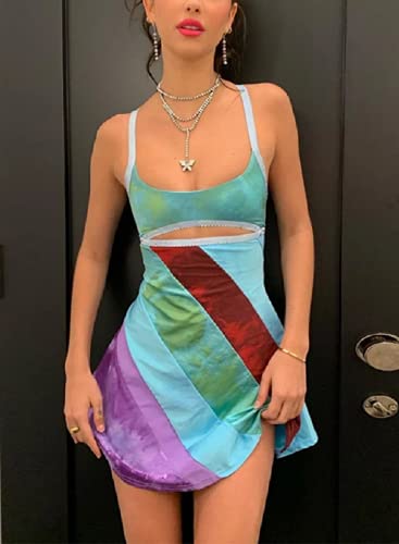 Y2K Dress for Women Summer Sleeveless Rainbow Bodycon Retro Going Out Dress 2000s 70s Halloween Costume
