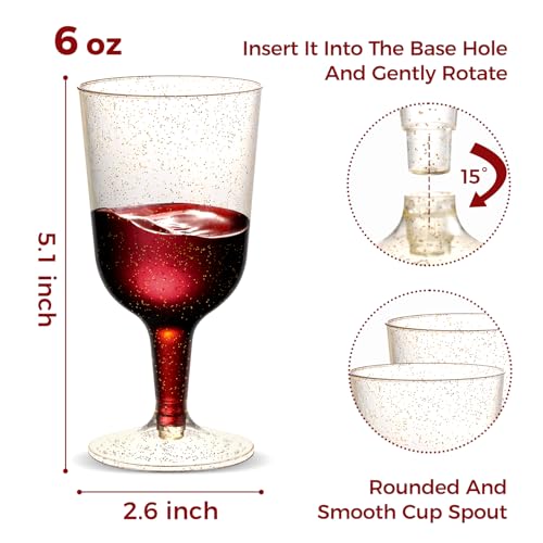 TENYASEN 30 Pack 6oz Plastic Wine Glasses – Disposable Gold Glitter Mini Stemware with Removable Base for Weddings, Partie...