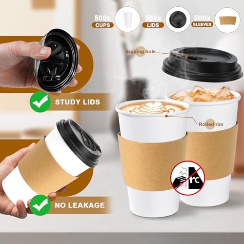Lamosi 50 Pack 20 oz Disposable Coffee Cups with Lids and Sleeves, White To Go Leak-Proof Paper Cups for Picnics, Parties,...