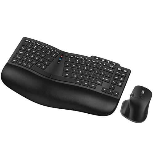 Ergonomic Wireless Keyboard Mouse, Wave Key Bluetooth/2.4G Split Design Ergo Keyboard Mouse Combo with Cushioned Palm Res...