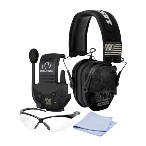 Walkers Razor Patriot Series Hi-Gain Omnidirectional Microphone Electronic Muffs (Kryptek Camo) Bundle with Walkie-Talkie Attachment, Protective Sport Glasses and Cleaning Cloth (4 Items)