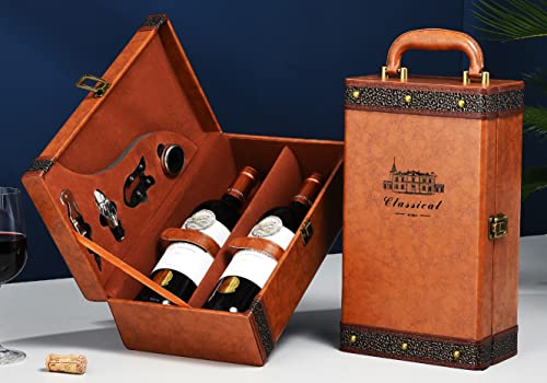 Wine Gift Box with 4 Wine Accessories Set,Portable Two Bottle Wine Carrier Case for Christmas,Wedding, Anniversary, Party,...