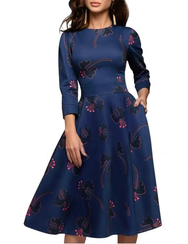 Simple Flavor Women's Floral Vintage Dress Elegant Midi Evening Dress 3/4 Sleeves