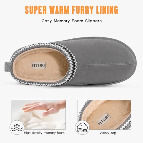 FITORY Men’s Winter Genuine Leather Slippers, Comfy Memory Foam Suede Shoes with Warm Fleece-Lined for Indoor and Outdoor ...