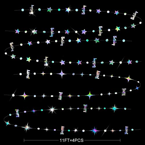 Iridescent Happy Birthday Decorations Happy Birthday Circle Dot Twinkle Star Garland Kit Metallic Holographic Hanging Stre...