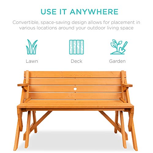 Best Choice Products 2-in-1 Transforming Interchangeable Outdoor Wooden Picnic Table Garden Bench for Backyard, Porch, Pat...