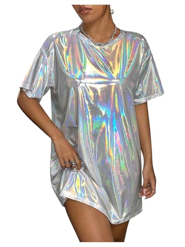 Floerns Women's Metallic Short Sleeve Tee Shirt Dress Holographic Disco Dress