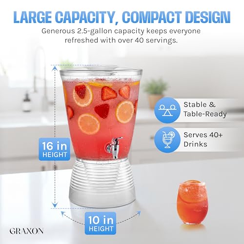 Drink Dispenser for Parties (2.5 Gallon) Large Plastic Water Dispenser for Counter Tops, No Mess, Easy to Assemble & Wash,...