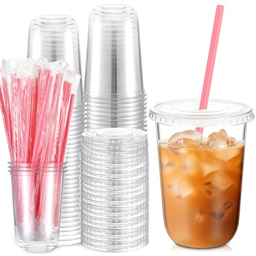 Ziliny 50 Sets Clear Plastic Cups with Heart Shaped Pink Straws and Lids, Disposable Iced Coffee Cups Drinking Pet for Col...