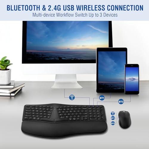 MK960 Ergonomic Wireless Keyboard Mouse Combo, Bluetooth/2.4G Split Design Keyboard with Palm Rest and 4 Level DPI Adjusta...