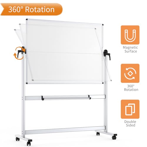 VIZ-PRO Double-Sided Mobile Whiteboard, 48 x 36 Inches, Magnetic Rolling Dry Erase White Board on Wheels with Aluminium Fr...