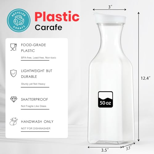 NETANY Plastic 50 Oz Water Carafe with Flip Top Lid, Set of 2 Square Base Juice Containers, Clear Plastic Pitcher - for Wa...